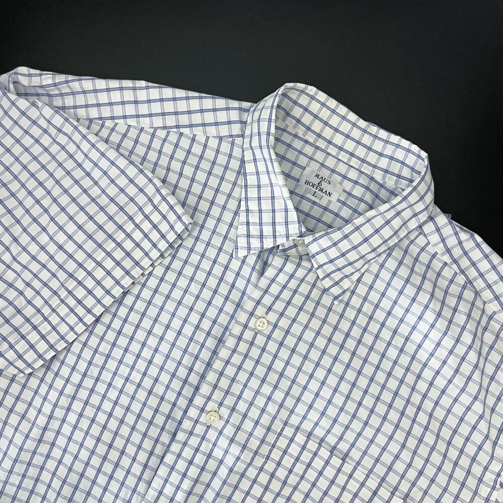 Maus Hoffman Shirt Mens Large Blue Check Button Up Short Sleeve Cotton USA Made